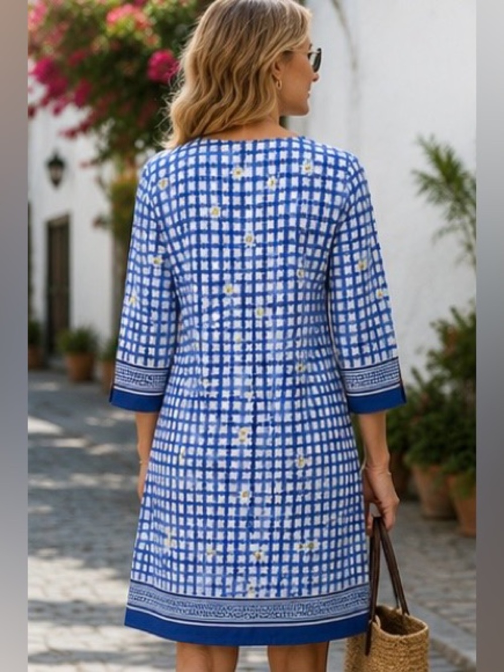 Barbara Erickson Blue Gingham Daisy Print Knit Dress Size Medium Coastal Chic - Picture 5 of 13